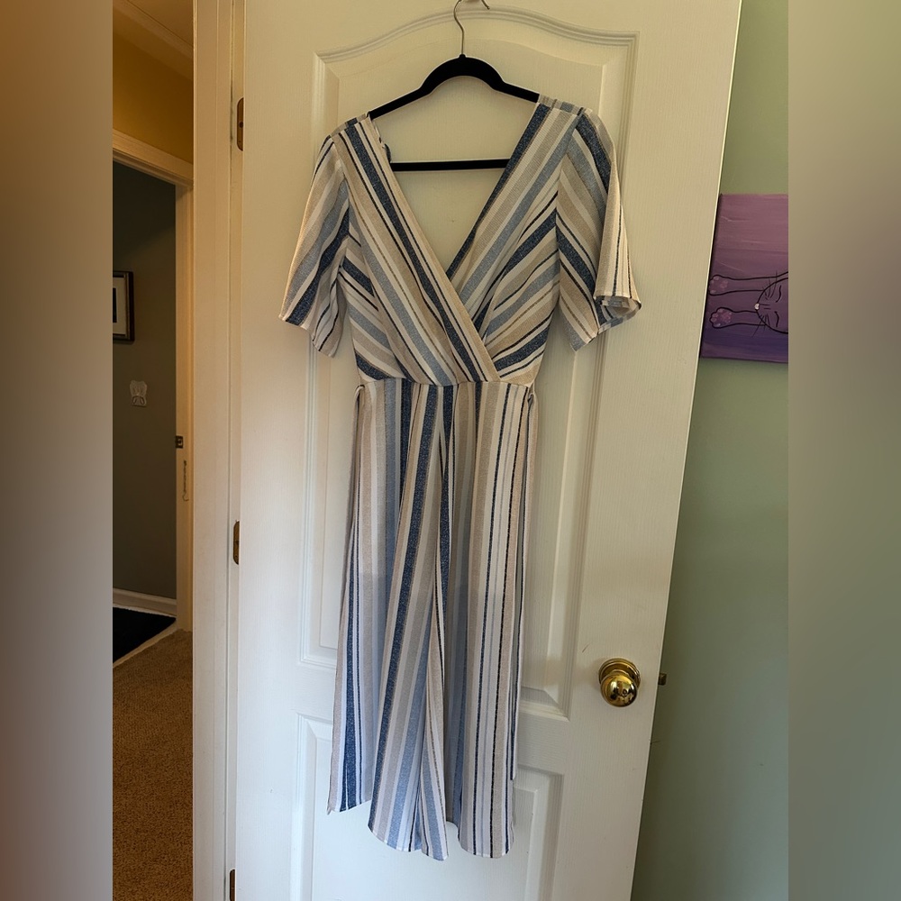 Striped Blue & White Wrap Midi Jumpsuit